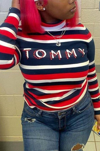 Casual Letter Striped Print Turtleneck Tops