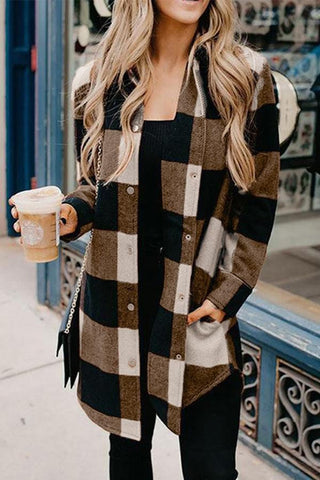 Casual Mid Length Plaid Print Coat