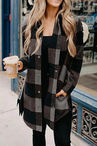 Casual Mid Length Plaid Print Coat