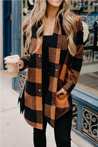Casual Mid Length Plaid Print Coat