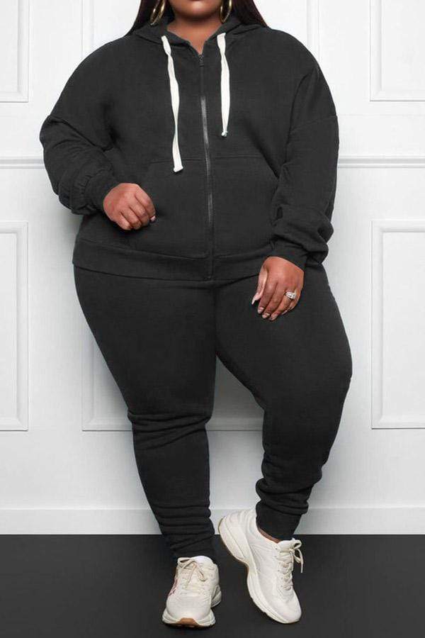 Casual Plus Size Hooded Two Pieces