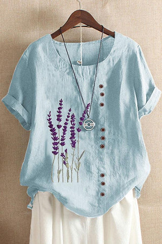 Casual Retro Lavender Printed Button T-shirt