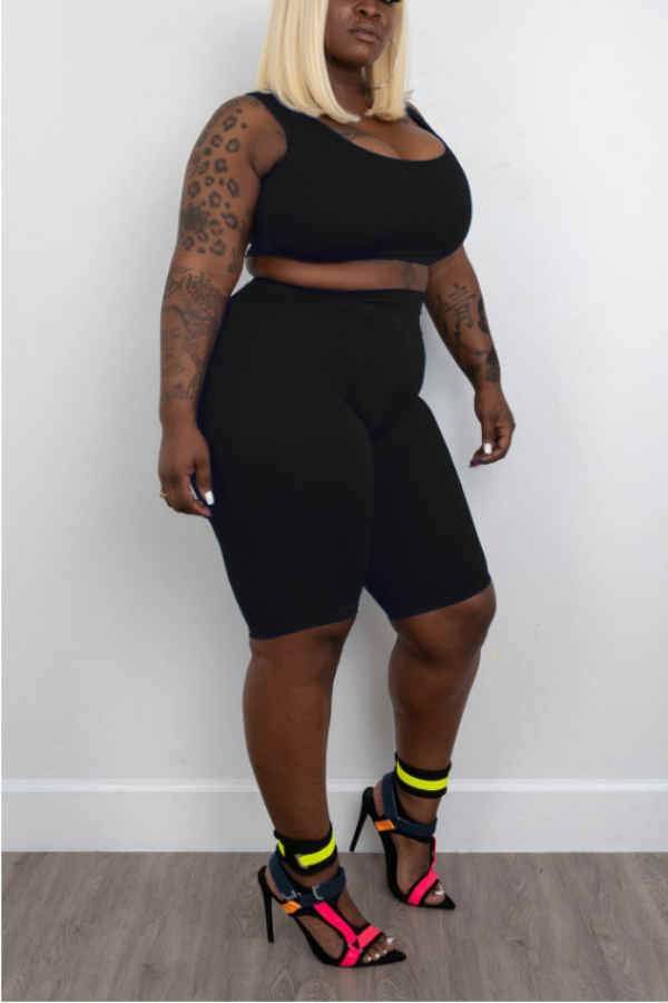 Casual Solid Color Stretch Plus Size Shorts set