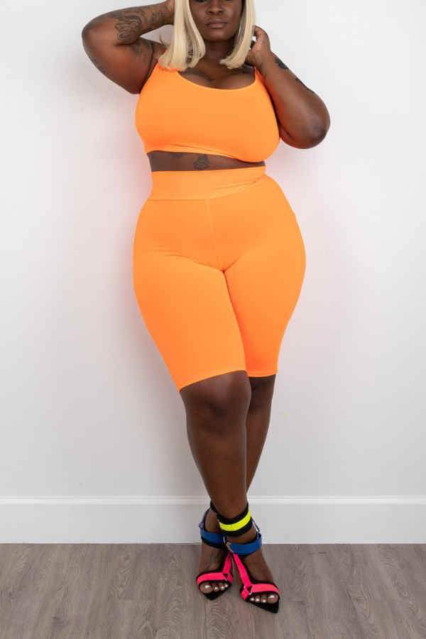 Casual Solid Color Stretch Plus Size Shorts set