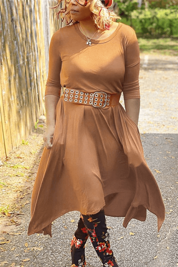 Casual Solid Color Thick Irregular Dress (Without Belt)