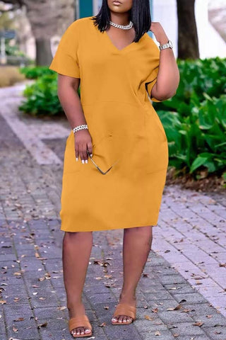 Casual Solid Color V Neck Short Sleeve Dress