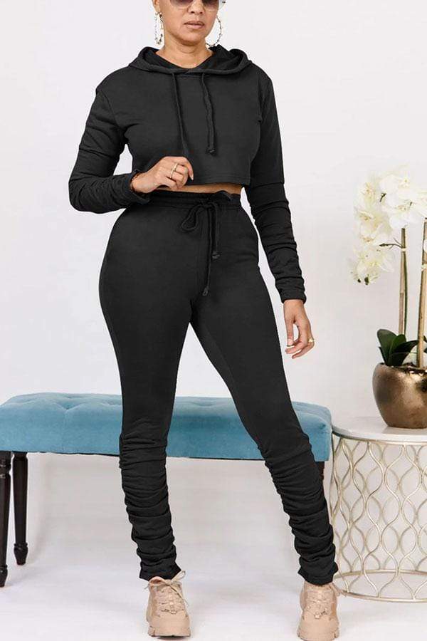 Casual Solid Hooded Collar Two Piece