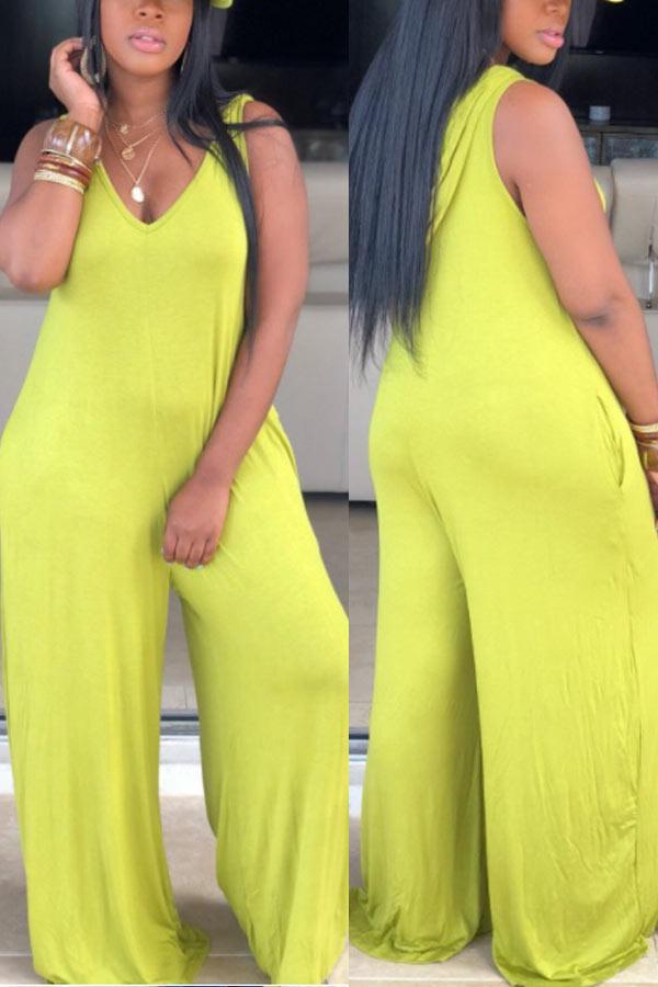 Casual Solid Sleeveless Wide Leg Jumpsuit