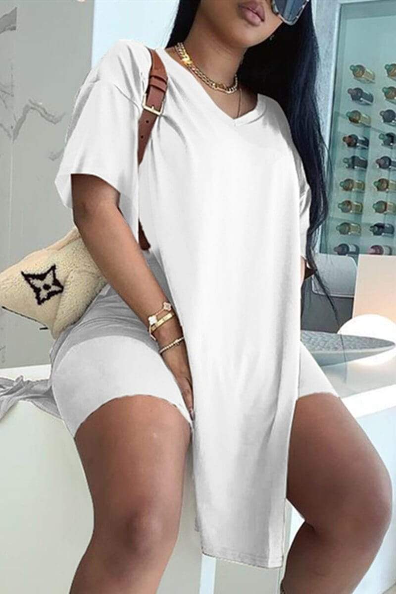 Casual Solid Slit V Neck Short Sleeve Two Pieces