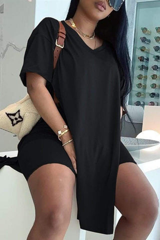 Casual Solid Slit V Neck Short Sleeve Two Pieces