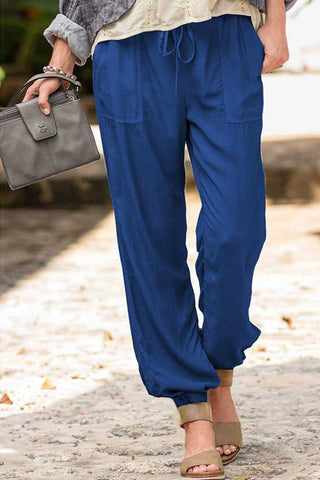 Casual Solid Stretch Drawstring Pocket Trousers