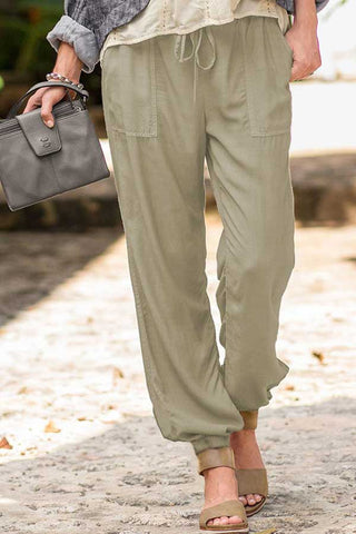 Casual Solid Stretch Drawstring Pocket Trousers