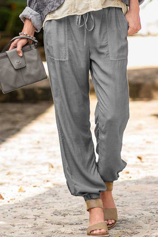 Casual Solid Stretch Drawstring Pocket Trousers