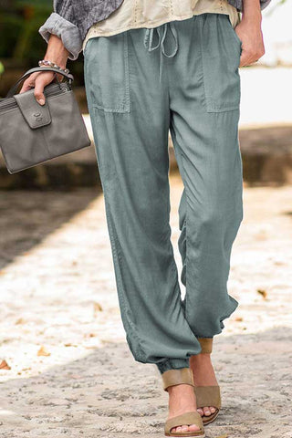 Casual Solid Stretch Drawstring Pocket Trousers