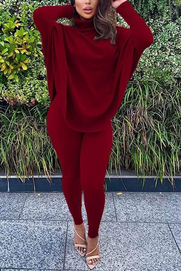 Casual Solid Turtleneck Batwing Sleeve Two Piece