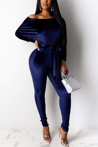 Casual Velvet Off-The-Shoulder Jumpsuit (With Belt)