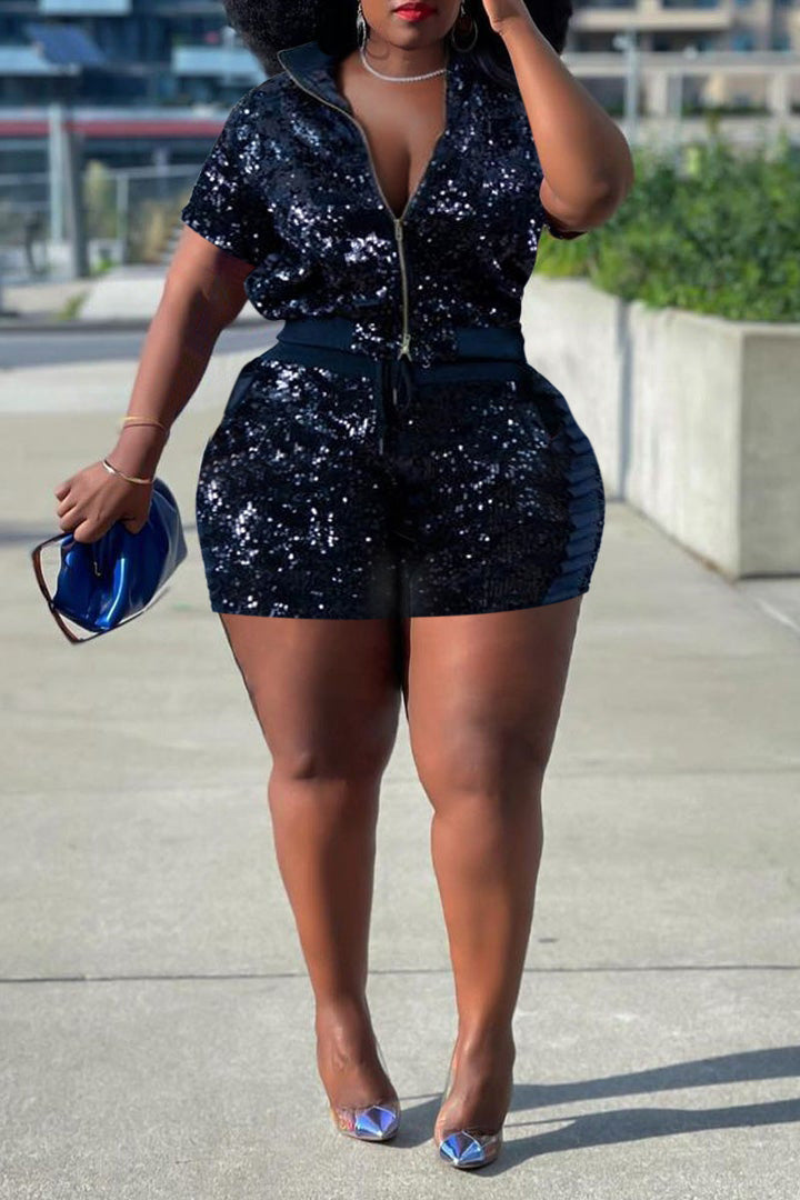 Free-shipping-online-clothing-pre-saleplus-size-casual-black-sequin-two-piece-shorts-set