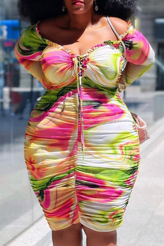 Plus Size All Over Print Lace Up Bodycon Midi Dress