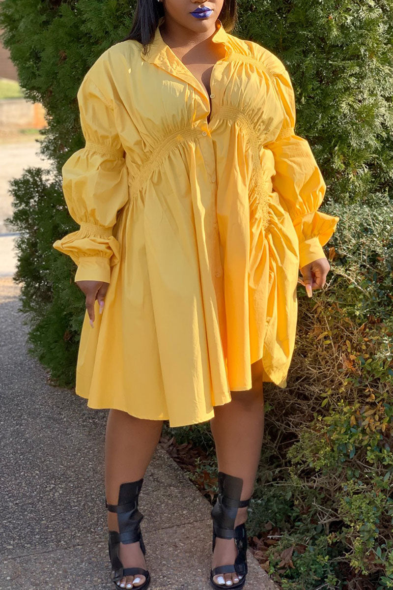 Online-clothing-plus-size-solid-white-button-fold-design-long-sleeve-shirt-mini-dress