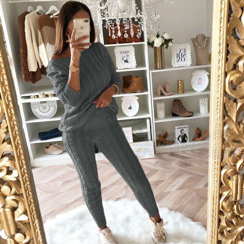 Free-shipping-online-clothing-plus-size-solid-long-sleeve-sweater-pants-two-pieces-set
