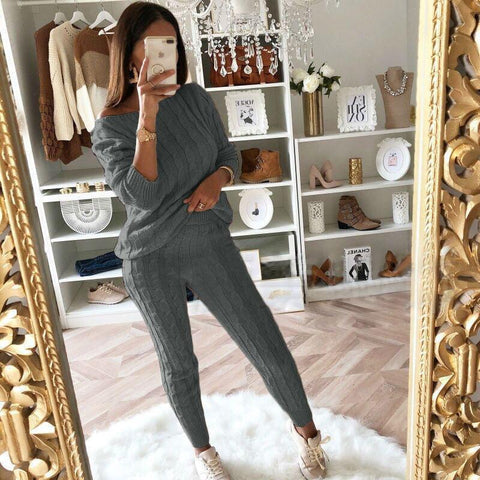 Plus Size Solid Long Sleeve Sweater Pants Two Pieces Set