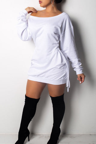 Sexy Solid Split Joint Draw String Frenulum Fold Off the Shoulder Straight Dresses