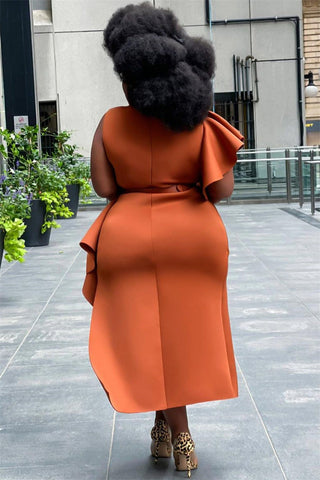 Online-clothing-plus-size-ruffle-flare-sleeve-solid-asymmetrical-midi-dress