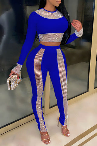 Plus Size Sexy Patchwork See Through Sequin Long Sleeve Two Pieces Pants Set