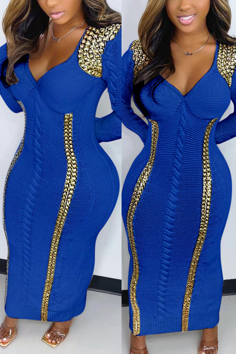 Online-clothing-plus-size-split-joint-long-sleeve-with-golden-chain-knit-sweater-midi-dress