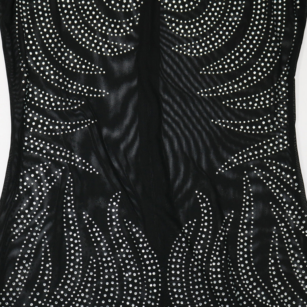 Online-clothing-plus-size-round-neck-long-sleeve-hot-drilling-see-through-maxi-dress