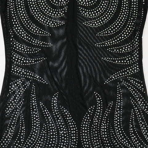 Online-clothing-plus-size-round-neck-long-sleeve-hot-drilling-see-through-maxi-dress