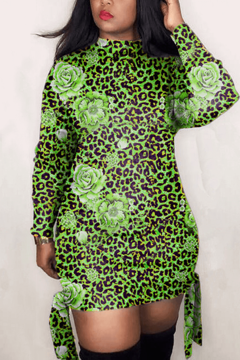 Fashion Casual Regular Leopard Flower Print Mini Dress