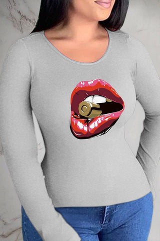 Street Lips Printed Patchwork O Neck Tops