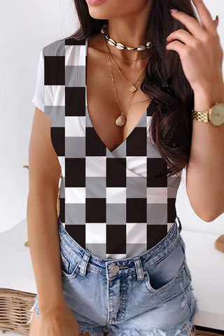 Casual Print Patchwork V Neck T-Shirts
