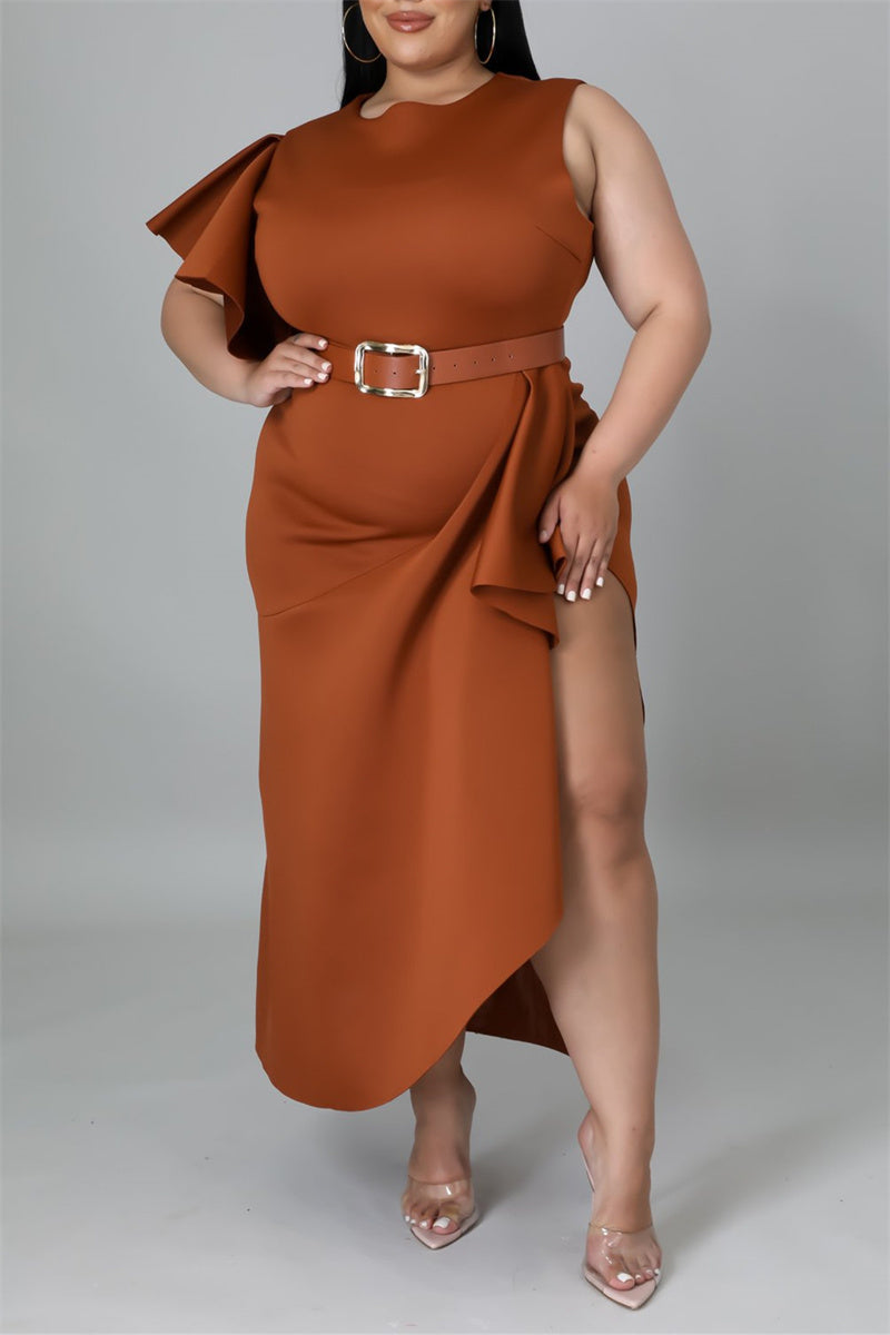 Online-clothing-plus-size-ruffle-flare-sleeve-solid-asymmetrical-midi-dress