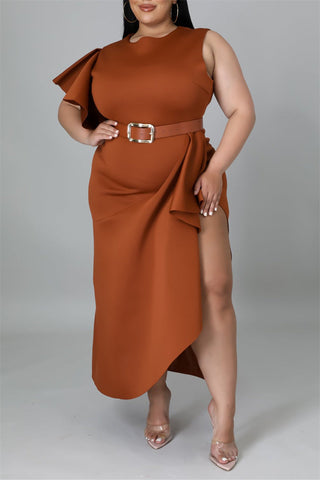 Online-clothing-plus-size-ruffle-flare-sleeve-solid-asymmetrical-midi-dress