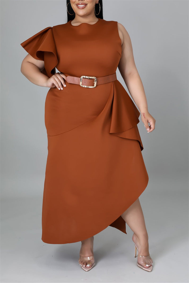 Online-clothing-plus-size-ruffle-flare-sleeve-solid-asymmetrical-midi-dress