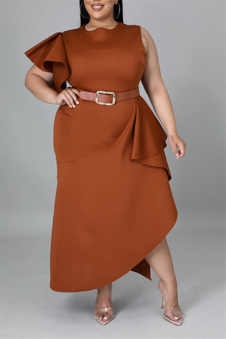 Online-clothing-plus-size-ruffle-flare-sleeve-solid-asymmetrical-midi-dress