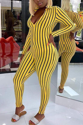 Sexy Striped Print V Neck Slim-fit Jumpsuit