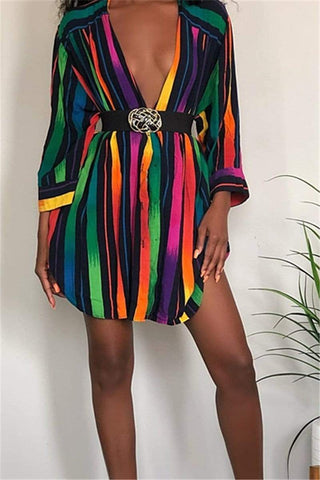 Fashion Rainbow Striped Shirt Dress