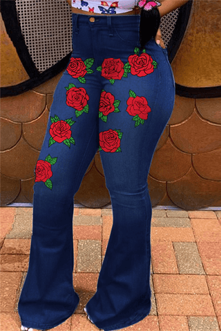 Fashion Casual Flower Print Basic High Waist Jeans