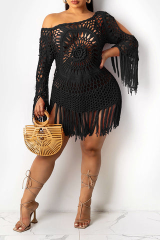 Online-clothing-plus-size-hand-made-black-long-sleeve-sexy-crochet-tassel-dress