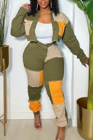 Free-shipping-online-clothing-pre-sale-plus-size-casual-colorblock-turndown-collar-pants-two-pieces-set