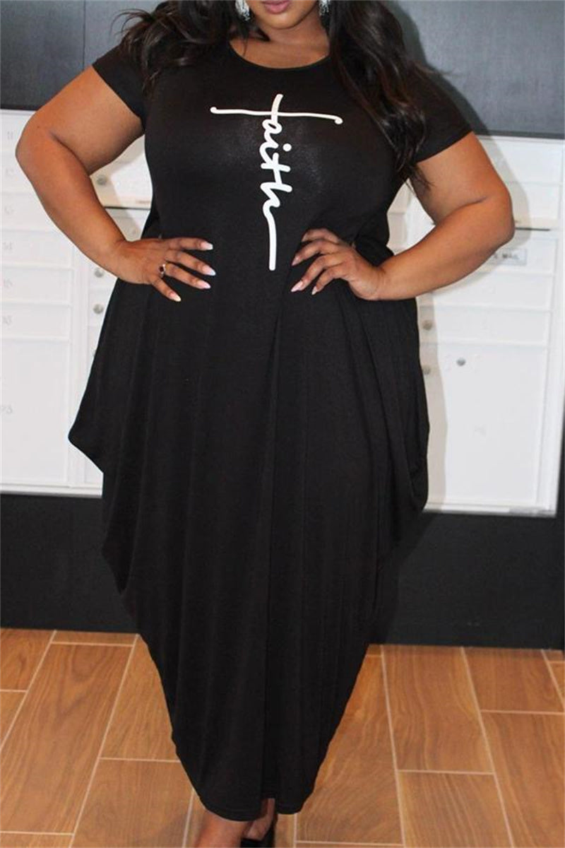 Online-clothing-plus-size-pink-irregular-pattern-print-round-neck-maxi-dress