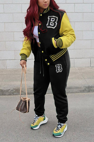 Free-shipping-online-clothing-pre-sale-plus-size-casual-letter-patchwork-buckle-outwear-pants-two-pieces-set