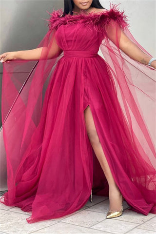 Online-clothing-plus-size-feather-collor-tulle-split-joint-solid-maxi-dress