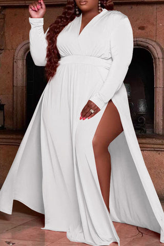 Plus Size Casual Solid Split Joint V Neck Straight Maxi Dresses