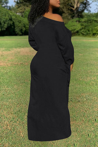 Online-clothing-plus-size-casual-solid-one-shoulder-long-sleeves-knotted-maxi-dress