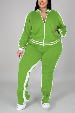 Plus Size Cold Shoulder Striped Top Slit Sweatpants Jogger Outfit Matching Set