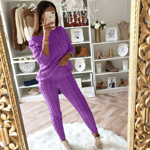 Plus Size Solid Long Sleeve Sweater Pants Two Pieces Set